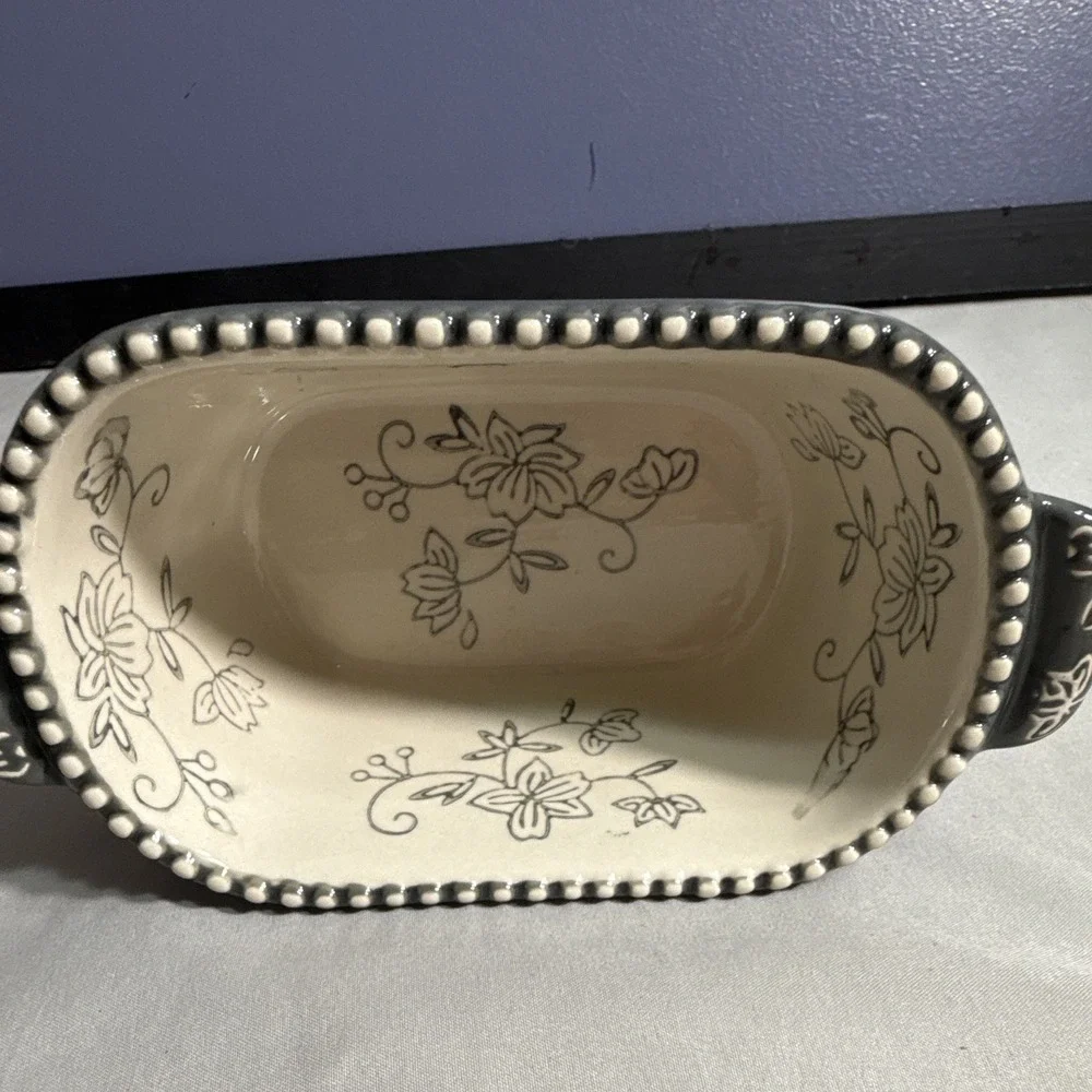Temptations Floral Lace Ceramic Loaf Pan Gray/White 12 oz Oven Safe 450°F